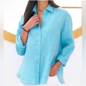 NWT UNTUCKIt 100% Linen Shirt Button-Down Women’s 10 Blue-Aqua Lightweight